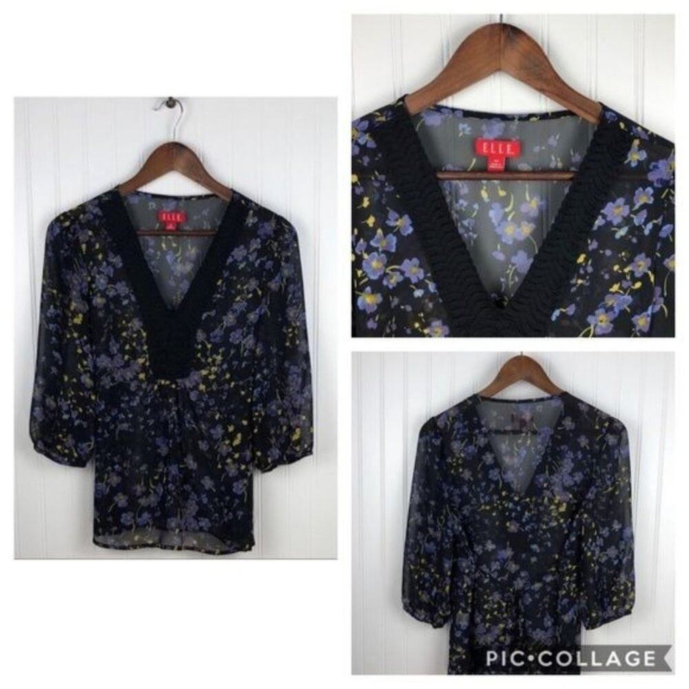 ELLE Sheer Floral Blouse Womens XS Polyester Black Purple‎ V Neck